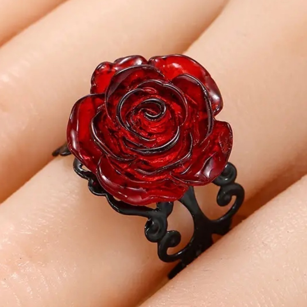 3/$25 Chunky Adjustable Open Black Lace Style with Red Rose Ring Whimsigoth